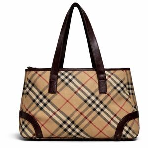 Burberry London Tote Bag Nova Check Plaid Canvas Leather Trim Shoulder Bag